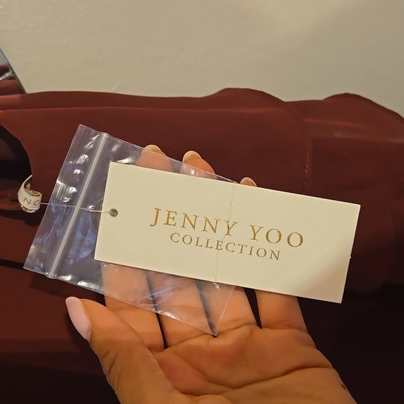 Jenny Yoo Charlie Tiered Ruffle Chiffon High-Neck Maxi Bridesmaid Gown In Merlot - Picture 12 of 13